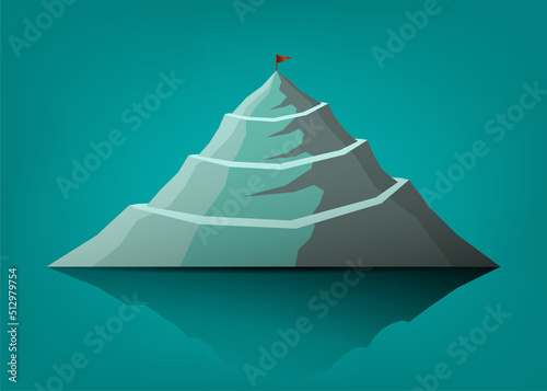 Mountain path climbing route to peak with reflection and flag on top of mountain