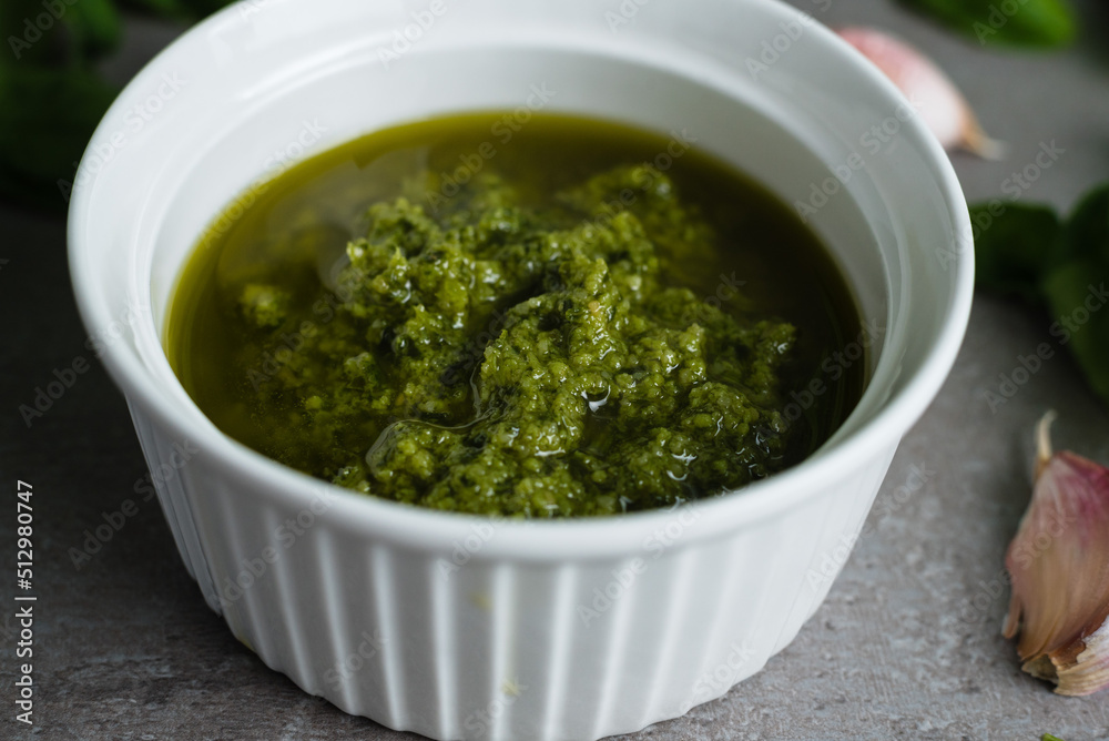 Pesto sauce. Basil pesto. Close-up Pesto sauce. Basil pesto. Close-up