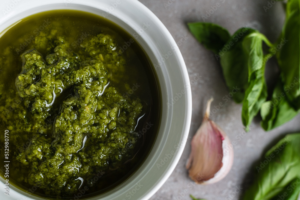 Pesto sauce. Basil pesto. Close-up Pesto sauce. Basil pesto. Close-up