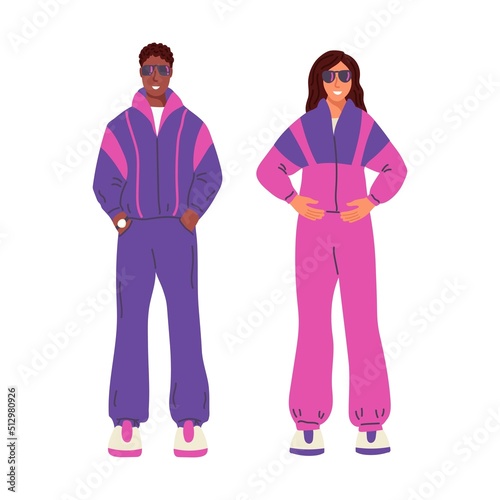 A man and a woman in tracksuits in the style of the 90s. Flat vector illustration