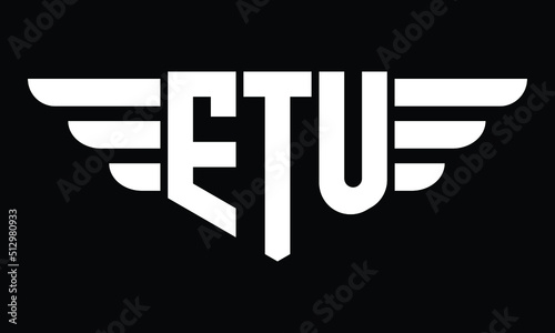 ETU three letter logo, creative wings shape logo design vector template. letter mark, wordmark, monogram symbol on black & white. photo