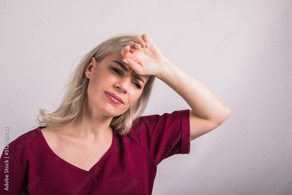 headache woman in red t-shirt cropped view model