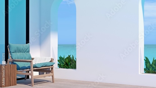 Sea view terrace. A wooden terrace of modern classic building with ocean view, white blank wall with a pool-side chair and white towel on it. 3D illustration.
