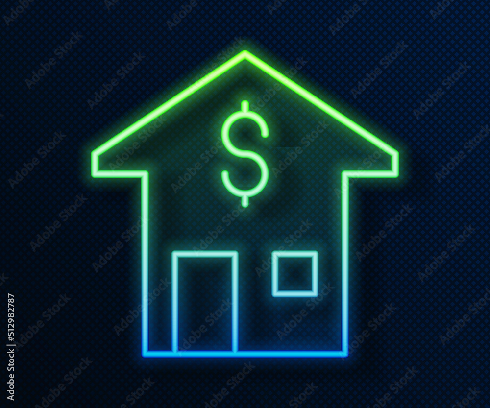 Glowing neon line House with dollar symbol icon isolated on blue background. Home and money. Real estate concept. Vector Glowing neon line House with dollar symbol icon isolated on blue background. Home and money. Real estate concept. Vector