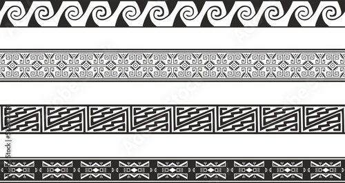 Vector set of seamless monochrome geometric Indian ornaments. Borders, frames, patterns of indigenous peoples of the Americas, Aztec, Maya, Incas.