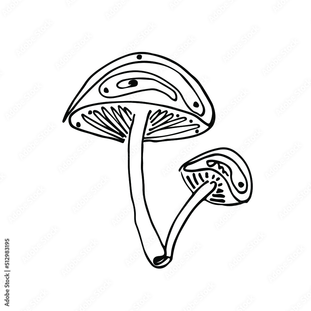 Doodle sketch mushrooms hand drawn. Black silhouette of a mushroom and swirls. Icon, postcard, logo Doodle sketch mushrooms hand drawn. Black silhouette of a mushroom and swirls. Icon, postcard, logo