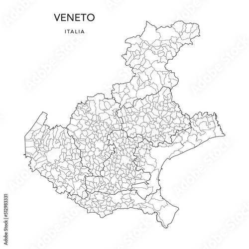 Vector Map of the Geopolitical Subdivisions of the Region of the Veneto or Venetia with Provinces and Municipalities (Comuni) as of 2022 - Italy