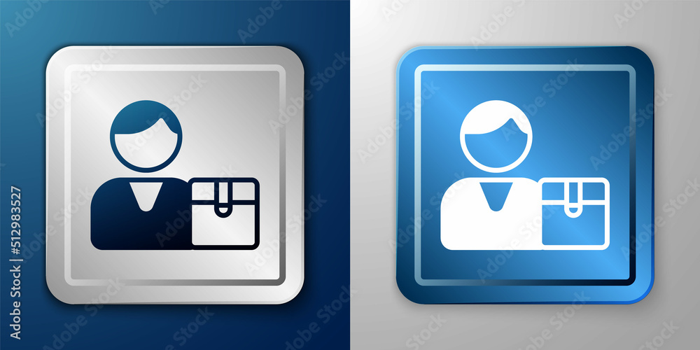 White Buyer icon isolated on blue and grey background. Silver and blue square button. Vector White Buyer icon isolated on blue and grey background. Silver and blue square button. Vector