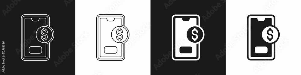Set Smartphone with dollar symbol icon isolated on black and white background. Online shopping concept. Financial mobile phone icon. Online payment. Vector Set Smartphone with dollar symbol icon isolated on black and white background. Online shopping concept. Financial mobile phone icon. Online payment. Vector