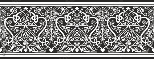 Vector seamless monochrome oriental ornament. Endless black Arabic patterned border, frame. Persian painting. Suitable for sandblasting, laser and plotter cutting