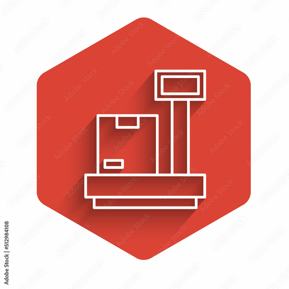 White line Scale with cardboard box icon isolated with long shadow background. Logistic and delivery. Weight of delivery package on a scale. Red hexagon button. Vector White line Scale with cardboard box icon isolated with long shadow background. Logistic and delivery. Weight of delivery package on a scale. Red hexagon button. Vector