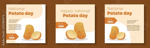 National potato day social media post, banner set, healthy vegetables celebration advertisement concept, fresh potatoes slice marketing square ad, August 19th abstract print, isolated on background