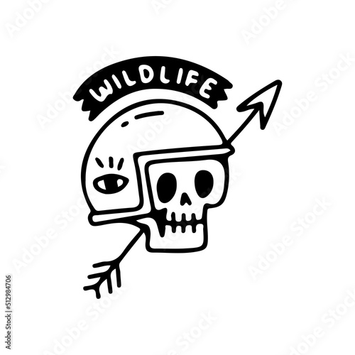 Skull wearing biker helmet with arrow, illustration for t-shirt, street wear, sticker, or apparel merchandise. With retro, and cartoon style.