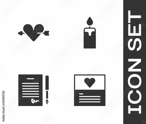Set Greeting card, Amour with heart and arrow, Marriage contract and Burning candle icon. Vector