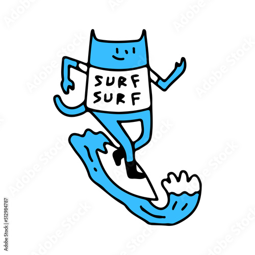 Trendy cat surfing, illustration for t-shirt, street wear, sticker, or apparel merchandise. With retro, and cartoon style.