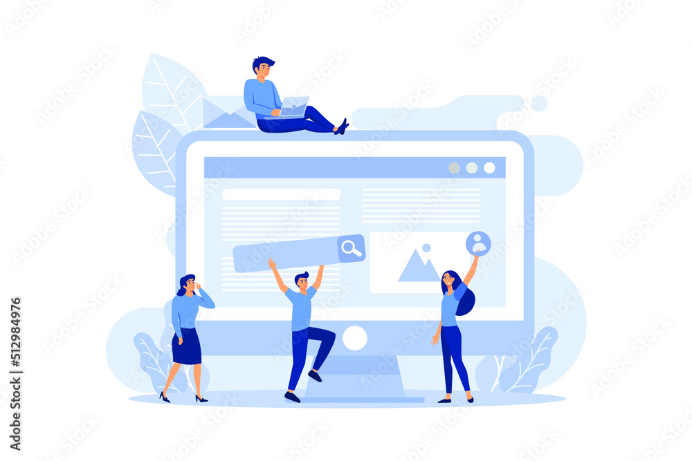 A team of people is developing a website by filling it with functions, concept vector illustration for the development of websites and mobile sites, SEO, mobile applications, business solutions, 