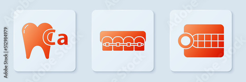 Set Teeth with braces, Calcium for tooth and Dentures model. White square button. Vector