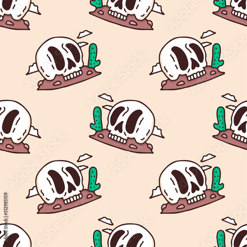 Sketchy desert skull and cactus on soft background seamless pattern. Modern vintage, pop art style seamless pattern concept.
