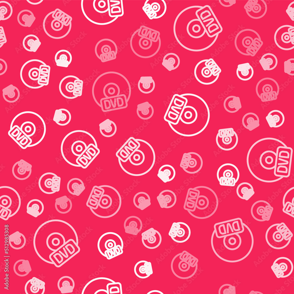 White line CD or DVD disk icon isolated seamless pattern on red background. Compact disc sign. Vector
