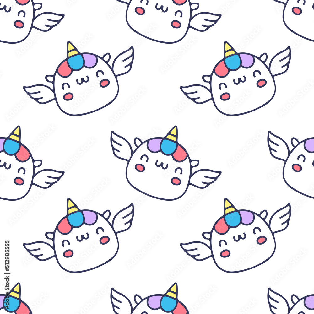 Kawaii unicorn and wings on white background seamless pattern. Modern vintage, pop art style seamless pattern concept.