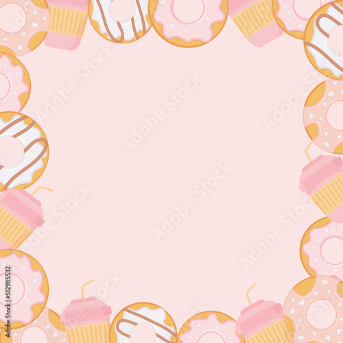 Tasty doughnut. Frame with bagel and coffee cup