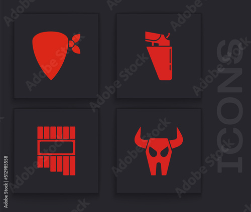 Set Buffalo skull, Cowboy bandana, Revolver gun in holster and Pan flute icon. Vector
