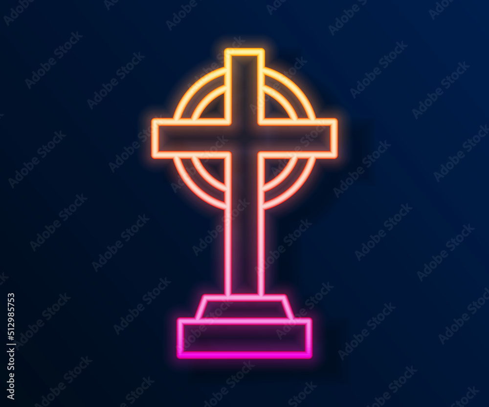 Glowing neon line Tombstone with cross icon isolated on black background. Grave icon. Happy Halloween party. Vector Glowing neon line Tombstone with cross icon isolated on black background. Grave icon. Happy Halloween party. Vector
