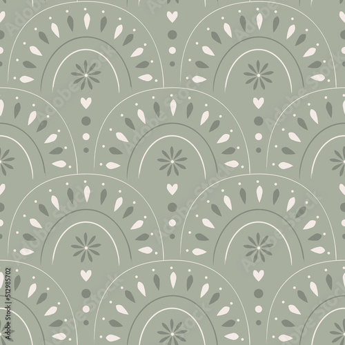 Cute boho seamless pattern in muted sage green color with arches. Vector background in modern bohemian style perfect for scrapbooking, textile, wrapping paper and stationery for kids and adults