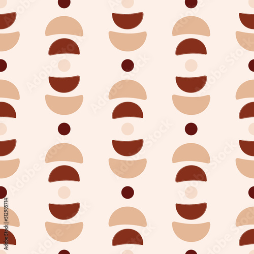 Abstract vector seamless pattern with mid-century minimalist design with geometric shapes. Hand-drawn terracotta, brown and beige circles and semi-circles on light background 
