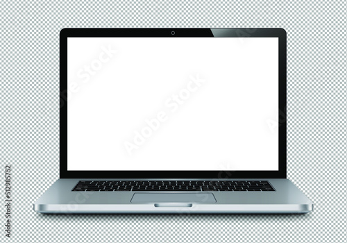 Realistic perspective laptop with keyboard isolated on background incline 90 degree. Computer notebook with empty screen template. Blank copy space on modern mobile computer with keypad backdrop. Digi