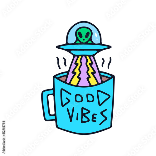 Alien on spaceship with a cup of coffee, illustration for t-shirt, street wear, sticker, or apparel merchandise. With retro, and cartoon style.