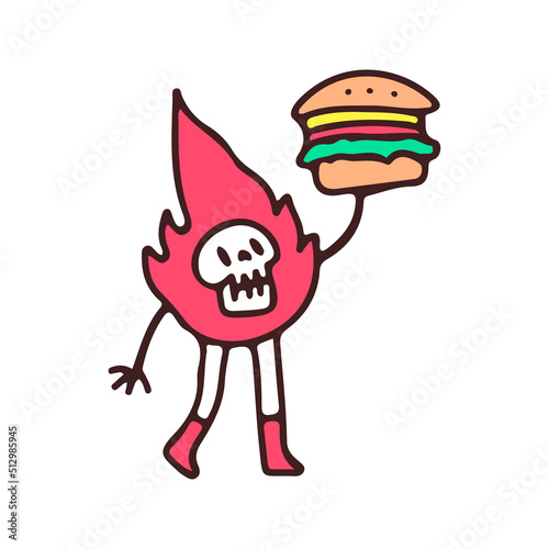 Fire skull with burger mascot character  illustration for t-shirt  street wear  sticker  or apparel merchandise. With retro  and cartoon style.