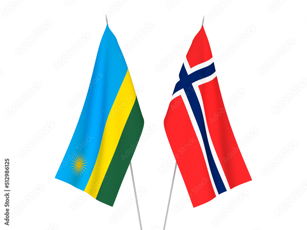 National fabric flags of Norway and Republic of Rwanda isolated on white background. 3d rendering illustration. National fabric flags of Norway and Republic of Rwanda isolated on white background. 3d rendering illustration.