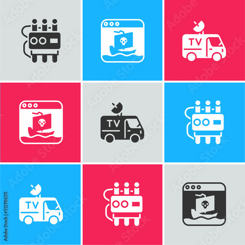 Set Dynamite and timer clock, Internet piracy and TV News car icon. Vector