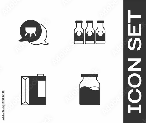 Set Bottle with milk, Udder, Paper package for kefir and icon. Vector