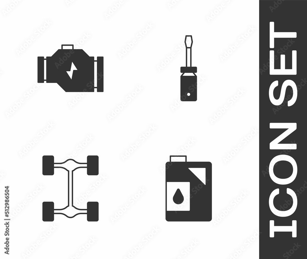 Set Canister for motor oil, Check engine, Chassis car and Screwdriver icon. Vector Set Canister for motor oil, Check engine, Chassis car and Screwdriver icon. Vector