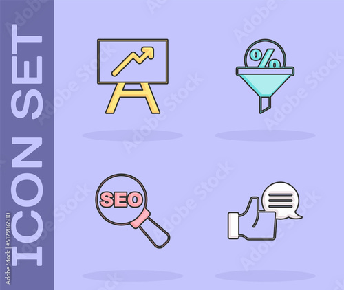 Set Customer product rating, Board with graph chart, SEO optimization and Lead management icon. Vector