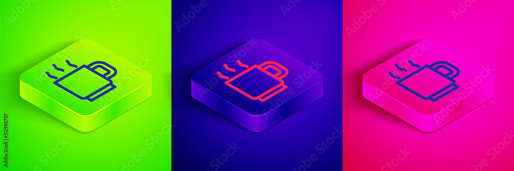 Isometric line Coffee cup icon isolated on green, blue and pink background. Tea cup. Hot drink coffee. Square button. Vector Isometric line Coffee cup icon isolated on green, blue and pink background. Tea cup. Hot drink coffee. Square button. Vector