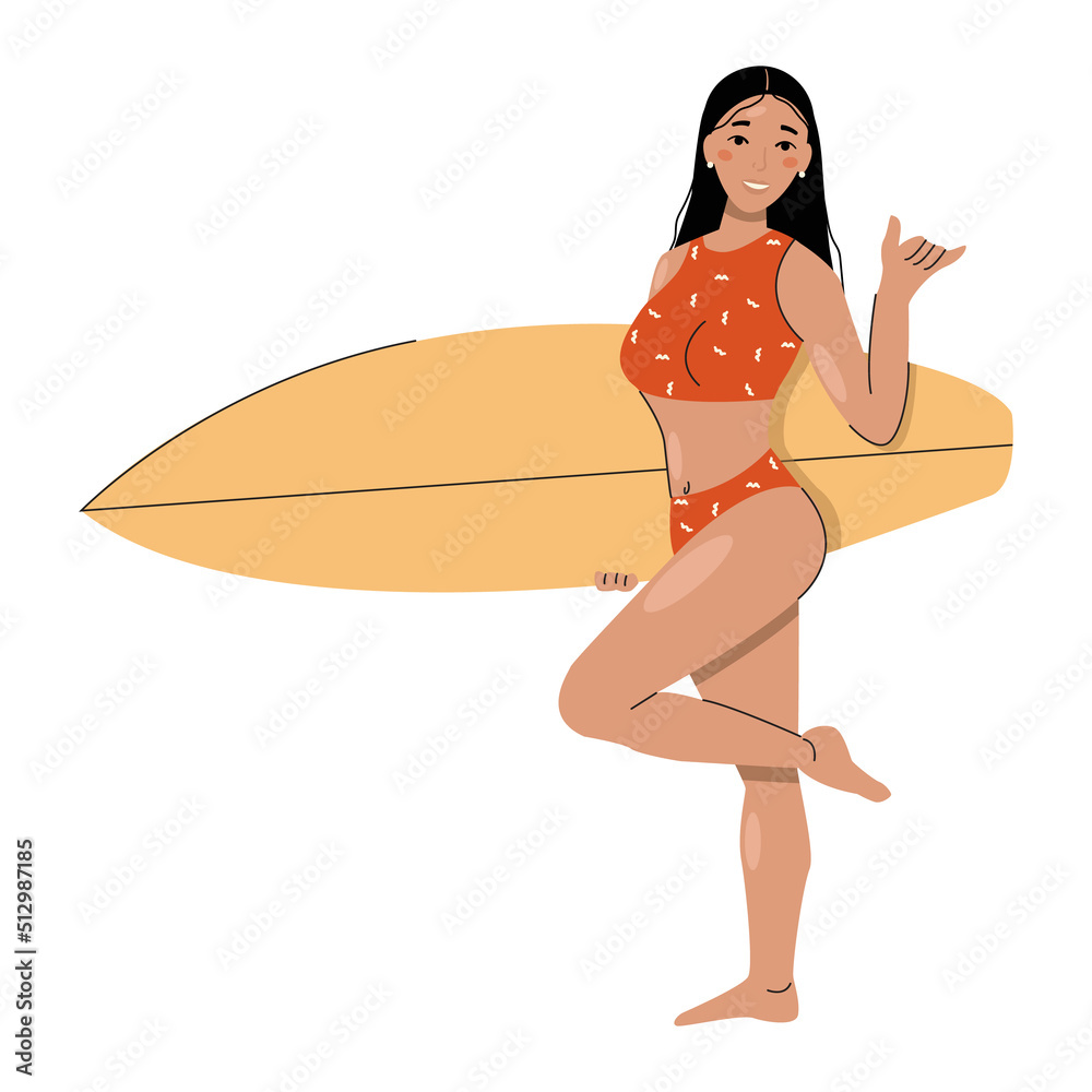 Brunette surfer  in a swimsuit holds a surfboard. Vector graphic.