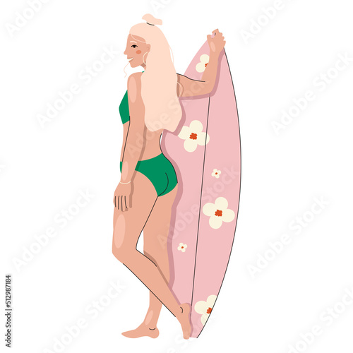 Blonde girl surfer in a swimsuit holds a surfboard. Vector graphic.