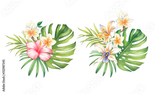 Watercolor bouquets of tropical leaves and flowers highlighted on a white background. Palm  monstera  plumeria  frangipani  hibiscus  roses  orchids. Illustration for the design of wedding invitations