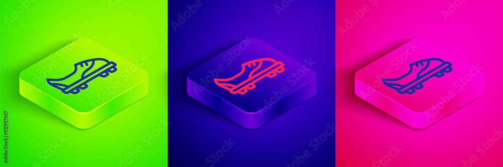 Isometric line Football shoes icon isolated on green, blue and pink background. Soccer boots. Sport football foot protection. Square button. Vector Isometric line Football shoes icon isolated on green, blue and pink background. Soccer boots. Sport football foot protection. Square button. Vector