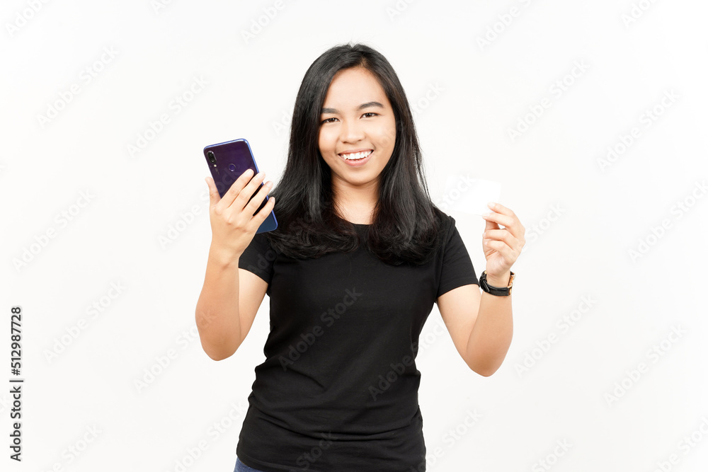 Holding Smartphone and Blank Bank Card or Credit Card of Beautiful Asian Woman Isolated On White Holding Smartphone and Blank Bank Card or Credit Card of Beautiful Asian Woman Isolated On White