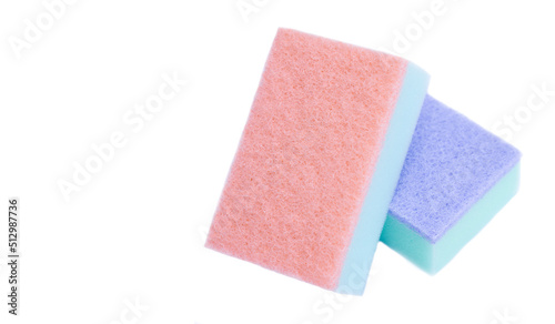 Colorful cleaning sponges for scrubbing dishes or other purposes on white background. Concept : household washing tools, equipment in kitchen.