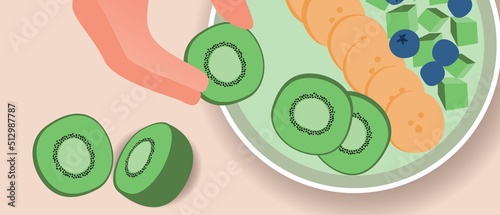 Smoothie bowls and hands with kiwifruit, flat vector stock illustration with healthy vegan food, cooking process