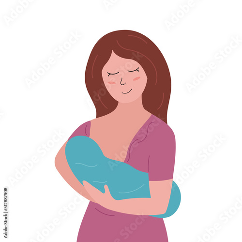 Breastfeeding concept. Cute happy mother holding and feeding baby. Cartoon smiling woman and newborn child. Vector flat illustration