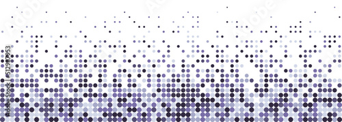 Modern purple and violet polka dot horizontal panorama background. Dots in faded matrix pattern. White background with colorful spotted pattern. Vertical gradient. Bottom frame with copy space