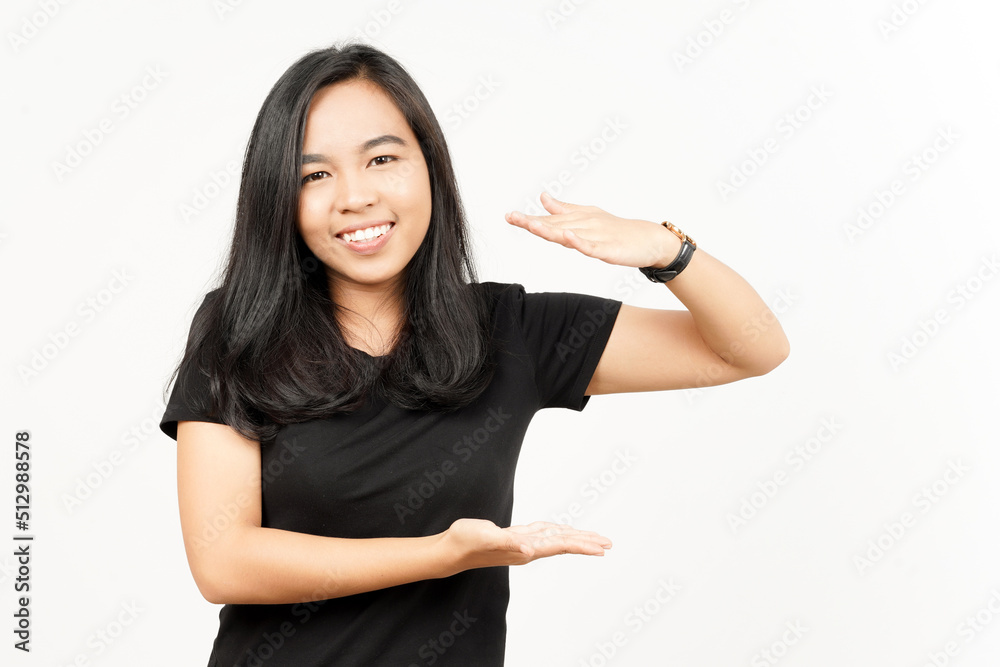 Measuring and Showing Big Sign Product of Beautiful Asian Woman Isolated On White Background Measuring and Showing Big Sign Product of Beautiful Asian Woman Isolated On White Background