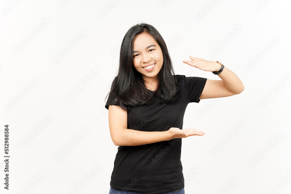 Measuring and Showing Big Sign Product of Beautiful Asian Woman Isolated On White Background Measuring and Showing Big Sign Product of Beautiful Asian Woman Isolated On White Background