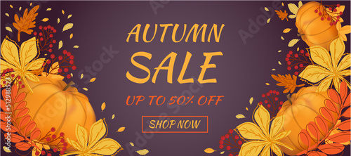 Autumn sale banner. Hello autumn. Autumn leaves, pumpkins and rowan berry on dark purple background.